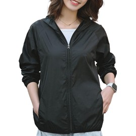 Bubu Ohana Women's Nylon Hoodie, Shakashaka, Thin, Lightweight, Full, Zip-up, Black