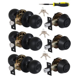 Lanwandeng (3 Sets) All Keyed Same Entry Knobs&Single Cylinder Deadbolt for Exterior Front Doors, Round Ball Matte Black Finish Entry Door Lock with Same Keys