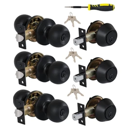 Lanwandeng (3 Sets) All Keyed Same Entry Knobs&Single Cylinder Deadbolt for Exterior Front Doors, Round Ball Matte Black Finish Entry Door Lock with Same Keys