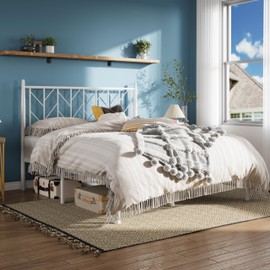 Allewie Full Size Platform Bed Frame with Vintage Headboard, 14 Inches Metal Mattress Foundation for Storage, No Box Spring Needed, Easy Assembly, Modern, White