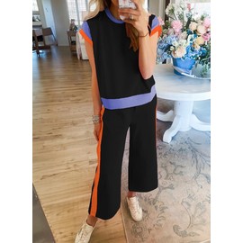 SHEWIN Women's Two 2 Piece Outfits Sweatsuit Lounge Sets for Women 2025 Casual Short Sleeve Shirts Matching Loose Pants Comfy Loungewear Pamajas Set Black M