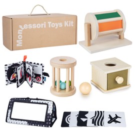 Montessori Toys for Babies 0-6 Months, 6 in 1 Learning Educational Set for Newborn, Toddlers Gifts Includes Spinning Drum, Object Permanence Box, Baby