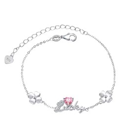 Lucky Four Leaf Clover Birthstone Bracelet 925 Sterling Silver 4 Leaf Clover October Tourmaline Heart Birth Stone Bracelet Adjustable Cubic Zirconia Bracelets, Birthday Jewelry Gift for Women Girls