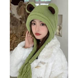 Frog Hats Adult Cute Beanie Crochet Knitted Hat Big Eye Frog Winter Ear Warmer Protective Beanie Hats Caps Outdoors Autumn Green