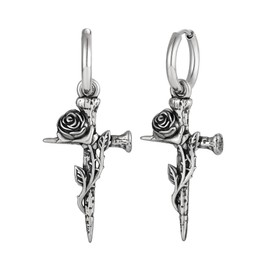 Raymard Rose Nails Cross Dangle Drop Earrings for Men or Women, Religious Christian Crucifix Stainless Steel Earrings, Stainless Steel, No Gemstone