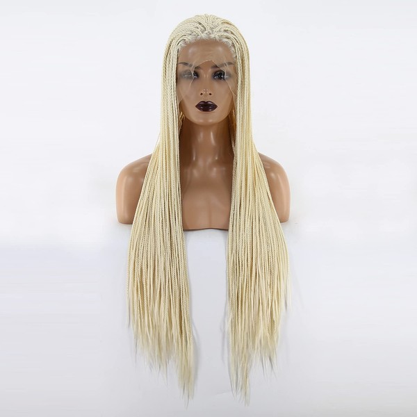 Towarm Platinum Blonde Braided Synthetic Hair Wig for Black Women #60 Color Heat Resistant Fiber Hair Micro Box Braids Wig African American Hair (24 inch, Platinum Blonde)