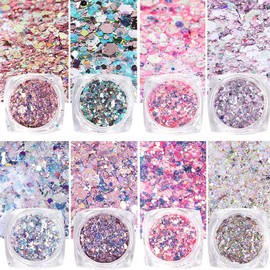 GZMAYUEN Glitter for Nails Splitter Purple Nail Art Glitter 8 Pieces Pink Nail Glitter Powder Nail Sequin Flakes Set