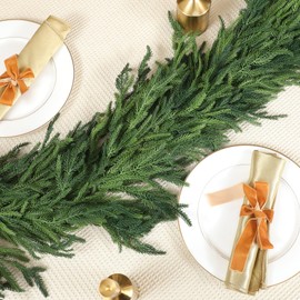 Jutom Christmas Deluxe Norfolk Pine Garlands Realistic Norfolk Pine Garland Faux Christmas Greenery Garland for Holiday Mantle Table Indoor Outdoor Wedding Christmas Decor (9 Feet)