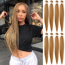 Leeven 8 Packs Blonde Pre Stretched Braiding Hair 26 Inch Yaki Braiding Hair Extensions for Box Braids Hot Water Setting Pre Stretched Braiding Hair Extensions Blonde EZ Braids / 26 Inch 27#