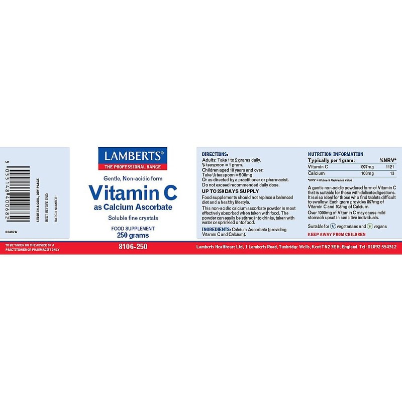 Lamberts Vitamin C Powder – Gentle Non-Acidic Calcium Ascorbate –