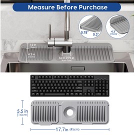 17.7 Inch Silicone Faucet Mat for Kitchen Sink Splash Guard - 7° Slope Upgraded Water Draining Mat with Fasten Button for Bathroom Area (Gray, 17.7''x5.5'')