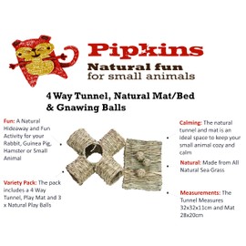 Pipkins 4 Way Natural Grass Tunnel with Sea Grass Balls and Sleeping Mat - Rabbit, Guinea Pig and Hamster Fun Hideaway and Toy Pack