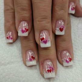 24Pcs Heart Press on Nails Square Valentine's Day Short French Tip Fake Nails with Glitter Pink Red Heart Design Valentine's Glue on Nails Romantic Artificial Nails for Women Acrylic Manicure Salon