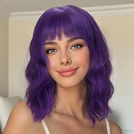 Nnzes Wig Bangs Natural Purple Short Wavy Hair for Women Natural Looking Heat Resistant Bob Wigs with Synthetic Wig for Daily Party Use