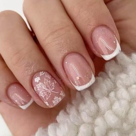 Fall Press on Nails Short Square Nude Fake Nails with Glitter Design White French Tip Maple Leaf Glossy Full Cover False Nails Reusable Fall Glue on Nails for Women Girls Manicure 24Pcs
