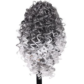 Xiaofeng Spring Curly Ponytail Hairpiece Ombre Black to White Drawstring Synthetic Ponytail Extension for Women and Girls Daily Use (1B/60, 12 Inches)