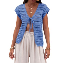 Saodimallsu Womens Tie Crochet Shrug Short Sleeve Open Front Lightweight Knit Cropped Cardigan Sweaters Cover Up Blue