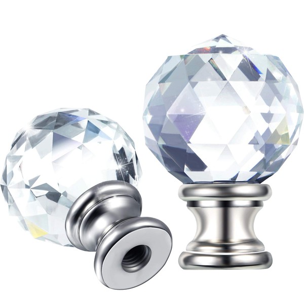 2 Pieces Crystal Lamp Finial Lamp Cap Knob Lamp Screw Topper Clear Lamp Finial with Polished Chrome Base 1-3/4 Inches Diamond Knob for Lamp Shade Lamp Decorations (Silver Base)