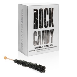 Black Rock Candy Sugar Sticks - Black Cherry Flavored - 24 Individually Wrapped Candy Party Favors