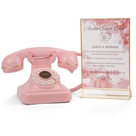 FiayaCom Audio Guest Book Wedding Phone,32GB Memory Record Customized Audio Messages, Volume Adjustable, Suitable for All Kinds of Party (Pink + Sign)