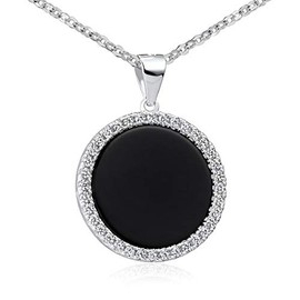 Materia Onyx Pendant Round Black 925 Silver Women's Rhodium-Plated with Zirconia and Chain Including Jewellery Box, Tarnish protection thanks to rhodium plating White zirconia stones, Onyx