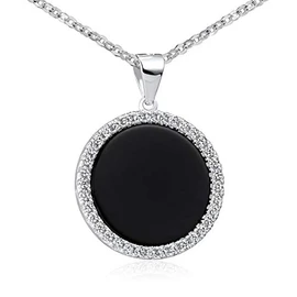 Materia Onyx Pendant Round Black 925 Silver Women's Rhodium-Plated with Zirconia and Chain Including Jewellery Box, Tarnish protection thanks to rhodium plating White zirconia stones, Onyx