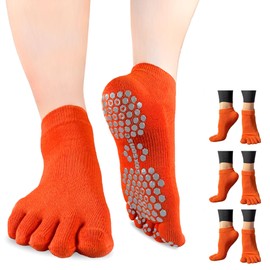 Soxsense Multi-Pack Sports Grip Toe Socks with Cushion, Non-Slip Finger Socks for Pilates, Home Gym, Soccer, basketball (US, Alpha, Large, Regular, Regular, Orange_Ankle_3Pairs)