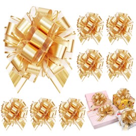 8 Pcs Gold Large Pull Bows, 8 in(20.32cm) Organza Pull Bows for Gift Wrapping, Large Ribbon Pull Bows for Wedding Christmas Birthday Valentine Party Car Baskets Bouque Decoration Hampers Florist