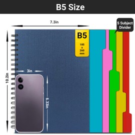 EUSOAR Spiral Notebook Hardcover, 3pcs B5 7.3"x10.2" 5 Subject College Ruled Writing Pad, 100GSM 120Sheets/ 240Pages of Lined Paper, for School, Home Supplies, Office and Business, Royal Blue