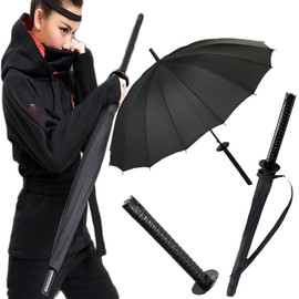 Charmluvee Samurai Umbrella Katana, Ninja Japanese Long Umbrella, Anime Cosplay Gifts for Men Cosplay Decoration, Windproof Stick Umbrella for Rain (Black-16bone)