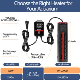 Aquarium Heater 300W/500W/800W/1200W, Submersible Fish Tank Heater with Digital LED Controller and Intelligent Leaving Water Automatically Stop Heating System, for Freshwater and Saltwater (1200W)
