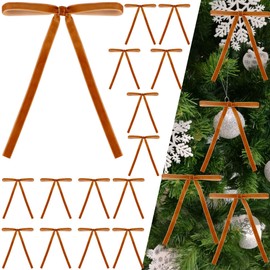 24Pcs Velvet Ribbon Bows for Christmas Tree - Vintage Decor, Door Garland, Wreath Decorations, Home & Wedding Decoration - Clear Twist Tie, 5x7 Inch, 3/8'' Width Camel