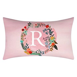 Fullfun Alphabet Letter Cushion Covers, Pink Double Sided Flower and Letter Printed Throw Pillow Covers Soft Polyester Decorative Pillow Cases for Sofa Couch Bedroom Home Decor (1PC, 30cm x 50cm)
