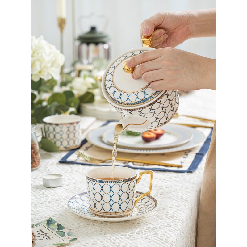 CwlwGO-7 Oz Bone China Blue Tea Cup and Saucer Service