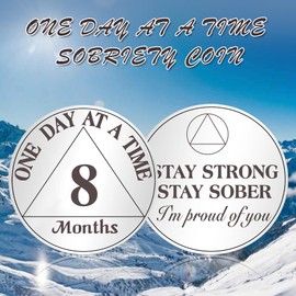 IELCJJ 8 Month Sobriety Coin, One Day at A Time Sobriety Chip AA Cions and Medallions Alcoholics Anonymous Eight Months Triplate Recovery Gifts for Men Women Sober Token with PU Leather Keychain