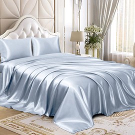 Homiest 3pcs Satin Sheets Set Luxury Silky Satin Bedding Set with Deep Pocket, 1 Fitted Sheet + 1 Flat Sheet + 1 Pillowcases (Twin Size, Baby Blue)