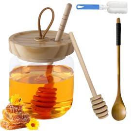 SEILETOO Honey Pot，Honey Jar and Dipper Set 17oz Glass Honey Jar with Dipper Honey Dipper Stick and Jar Set Glass Honey Dispenser No Drip Honey Container with Dipper with 2 Wooden Honey Dippers