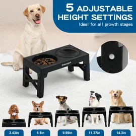 NAHANGPET 3-in-1 Elevated Slow Feeder Dog Bowls for Food and Water, 5 Heights Adjustable Raised Dog Bowls, Non-Slip, No Spill, for Small Medium Large Dogs and Cats(Black)