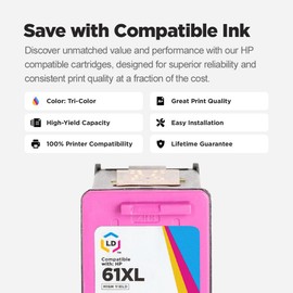 LD Products Remanufactured 61XL CH564WN Replacements for HP 61 Color Ink Cartridge HP61XL High Yield Works with HP Envy 4500 4502 5530 Deskjet 2540 3510 OfficeJet 4630 (3-Pack)