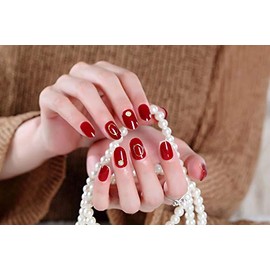 24pcs Handmade Nail Tips Nail Bride Golden Beads Circle Decoration Cute and Elegant Bride Nail Tips (Cherry)