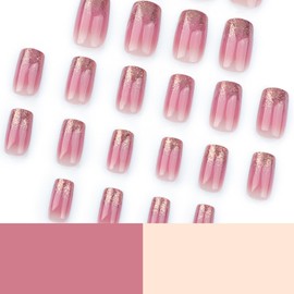 FIEONCIY Press on Nails Short Square Shaped Glossy Full Cover Square French False Nails with Designs Artificial Short Square Fake Nails with Charms Glue Stick ons Fingernails for Women Girls(JP3554)