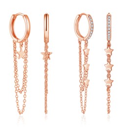 Josfeva Silver Hoop Earrings Hanging, 925 Sterling Silver Huggie Hoop Earrings for Women Hypoallergenic Drop Earrings with Two Long Tassel Chain, Drop Dangle Earrings with Gift Box, Rose Gold, No