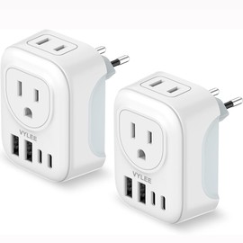 2 Pack European Travel Plug Adapter, VYLEE International Travel Adapter with 2 Outlets 4 USB Ports(2 USB C), 6 in 1 Type C Travel Essentials Charger for US to Most of Europe EU Italy Spain France