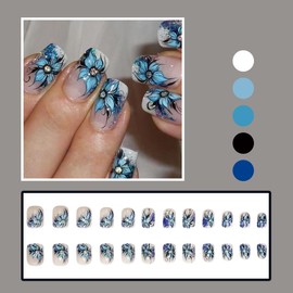 KTAABTR 24Pcs Flowers Press on Nails Medium Coffin Nails, Blue Floral Fake Nails with Glue Blue Glossy Acrylic Nail for Women Girls DIY Manicure Full Cover False Nails Stick on Nails