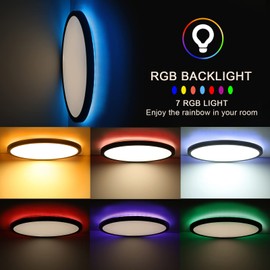 Marfete Flush Mount LED Ceiling Light Dimmable with Remote Control, 15.3 Inch 40W RGB Backlight Close to Ceiling Light Fixture 3000-6500K, Modern Ultra-Thin Round Ceiling Lamp