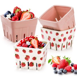 Pumtus 4 Pack Ceramic Berry Basket, Square Fruit Bowls, Kawaii Strawberry Kitchen Bowl Containers, Rustic Stoneware Berry Colander Bins for Veggie, Berries, Fruits, Farmhouse Home Decor