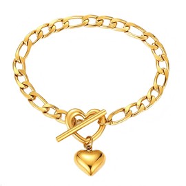 YTDYTD Chunky 14K Gold Plated Heart Bracelet for Women – Stainless Steel Puffy Heart Charm Figaro Chain, Heart Toggle Clasp, Hypoallergenic Statement Jewelry Gift for Valentine‘s Day Birthday