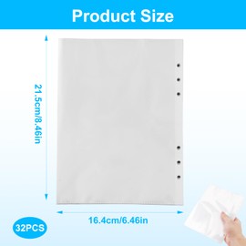 Pack of 32 A5 Transparent Pockets, A5 Photo Album Cards Replacement Core, Transparent Cover Folder Pocket, Brochure Case, Economical Zip-Free Envelope Folder Pocket, 6 Hole Folder Transparent