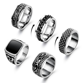 REVOLIA 5Pcs Stainless Steel Rings for Men High Polish Signet Rings Set Wide Retro Carving Celtic Band Rings Vintage Silver Punk Chunky Spinning Rings Size 7-13 Size-10
