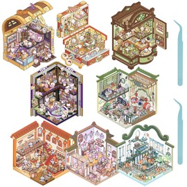 DIY 3D Sticker Scene, 8 Sets Fun DIY 3D House Stickers, Make Your Own Mini Room Scenes, Cute Cartoon 3D Miniature Scene Stickers Book, 3D Sticker Therapy for Adults Kids Relief Stress Pass The Time